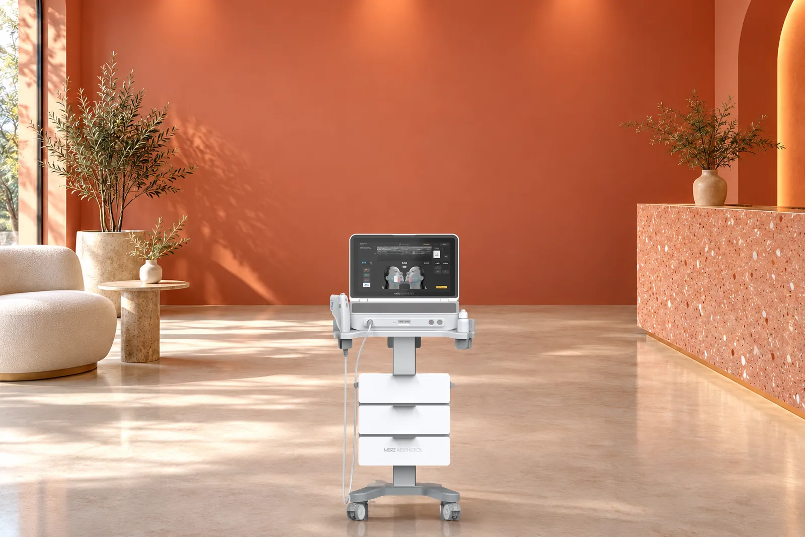 Equipo Ultherapy Prime ante una pared coral