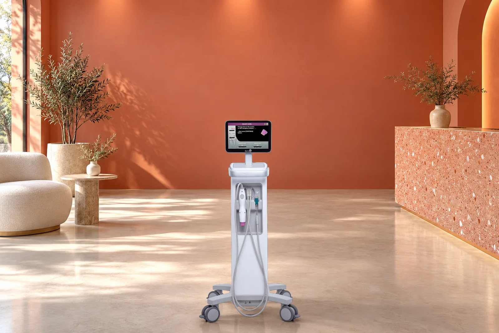 Equipo Thermage FLX ante una pared coral