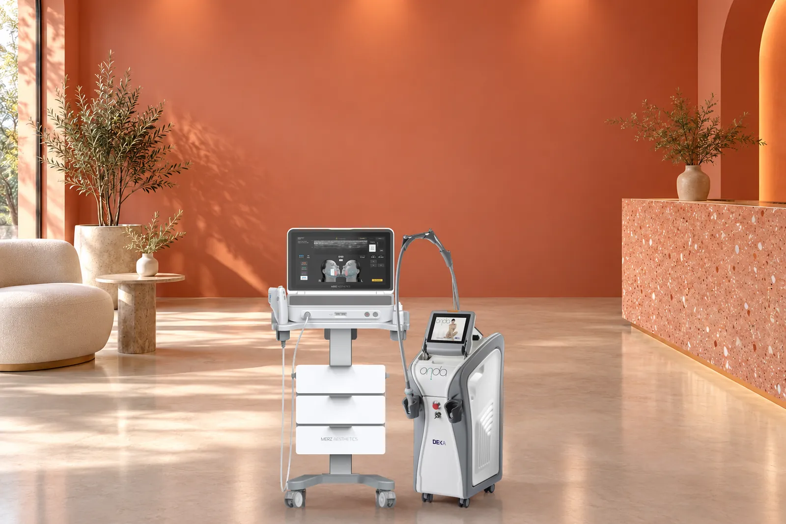 Equipos Ultherapy Prime y ONDA, uno junto al otro, ante una pared coral