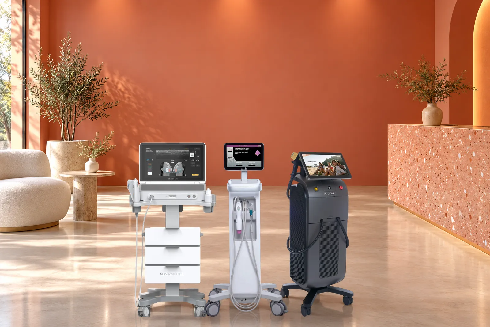 Equipos Ultherapy Prime, Thermage FLX y Titanium, uno junto al otro, ante una pared coral