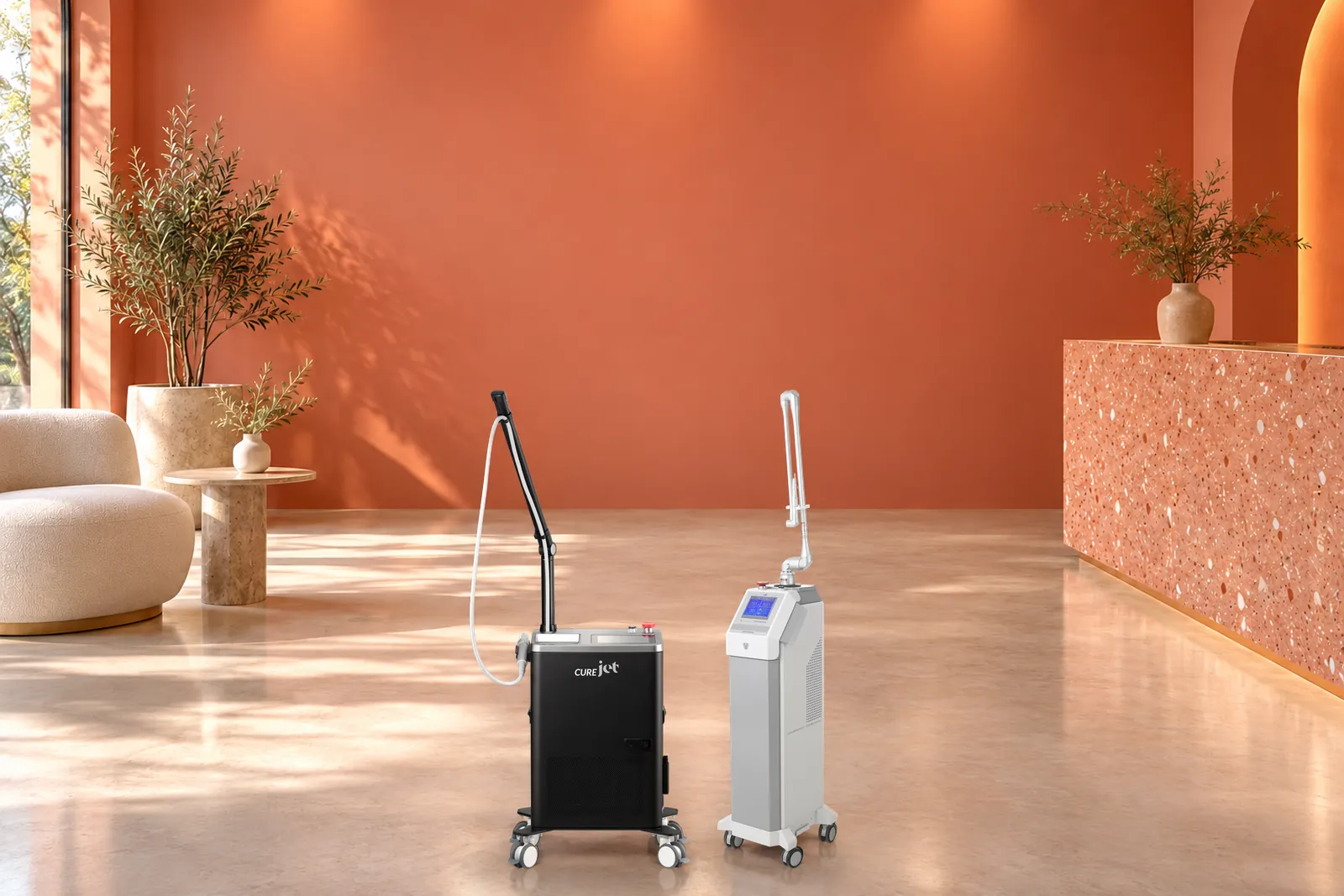 Equipos CureJet y láser CO2, uno junto al otro, ante una pared coral